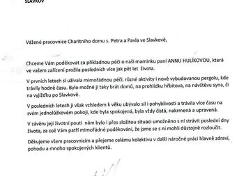 Děkovný dopis za péči o klientku