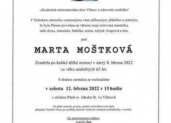 ODEŠLA PANÍ MARTA MOŠTKOVÁ