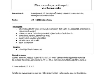 Nabídka pracovního místa - Všeobecná sestra, Charitní dům Nivnice