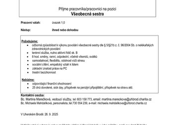 Nabídka pracovního místa - všeobecná sestra pro Domácí zdravotní péči