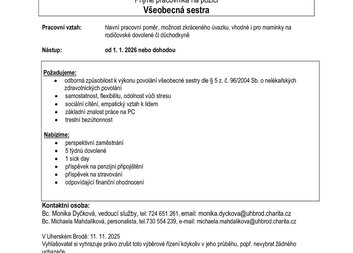 Nabídka práce - Všeobecná sestra pro Charitní dům Slavkov