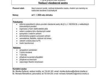 Nabídka práce - Vedoucí všeobecná sestra pro Charitní dům Slavkov