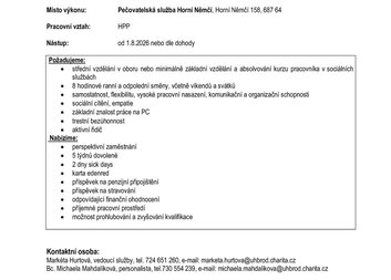 Volné pracovní místo - pečovatel/pečovatelka pro Charitní dům Horní Němčí