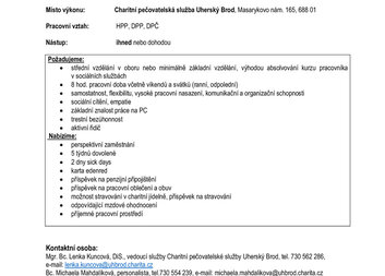 Nabídka pracovního místa - pečovatel/pečovatelka pro CHPS Uh. Brod